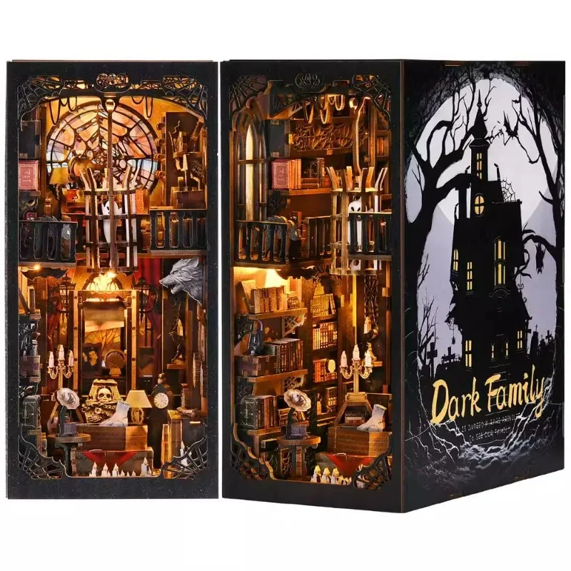 Kit angolo libro La famiglia Addams Puzzle in legno fai-da-te Mercoledì Halloween Scaffale Modello casa delle bambole Fermalibri Costruzione Decorazione della casa