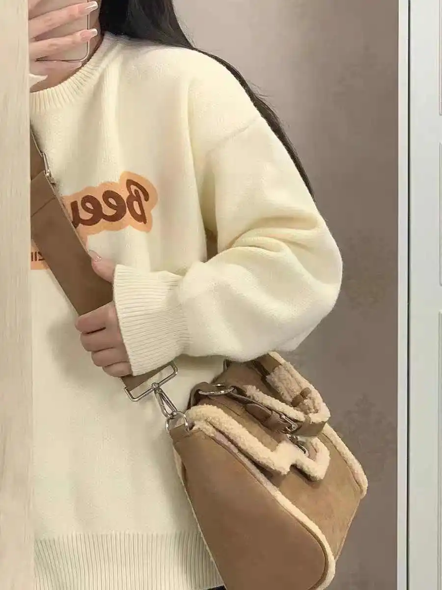 Autumn Winter Splicing Plush Large Capacity Handheld Bag New Vintage Suede Surface Khaki Computer Pack Cross-Body Tote Briefcase