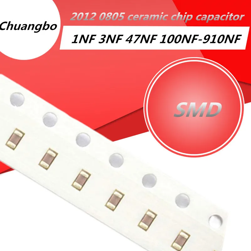 100PCS 2012 0805 ceramic chip capacitor error  10% 100NF 50V 0805 1NF  3NF 47NF 100NF-910NF SMD ceramic chip capacitor