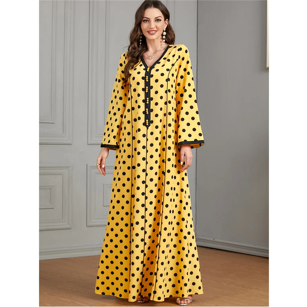 

2023 Muslim Polka Dot Print Abayas for Elegant Women Maxi Dresses Turkey Arab Kaftan Islamic Party Jalabiya Caftan Morocco Gown