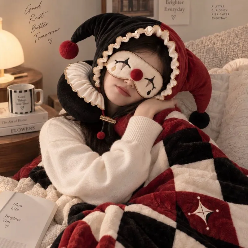 Retro Clown Hooded U-Shaped Travel Pillow, 2 in 1 Plush Neck Pillow with Blackout Eye Mask, Neck Cushion for Airplane Office Nap