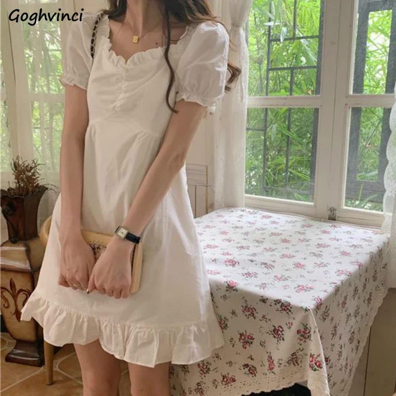 Dress Short Sleeve Solid Simple V-neck Elegant Slim Sweet Kawaii Korean Style All-match Womens Trendy Summer New Leisure Ulzzang