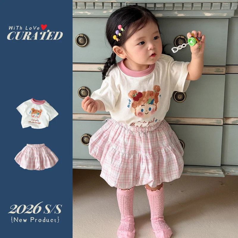 Girls' Summer Skirt Set, Little Girl's Short-Sleeved Thin Dress, Outgoing Outfit, Cute Two-Piece Baby Clothing