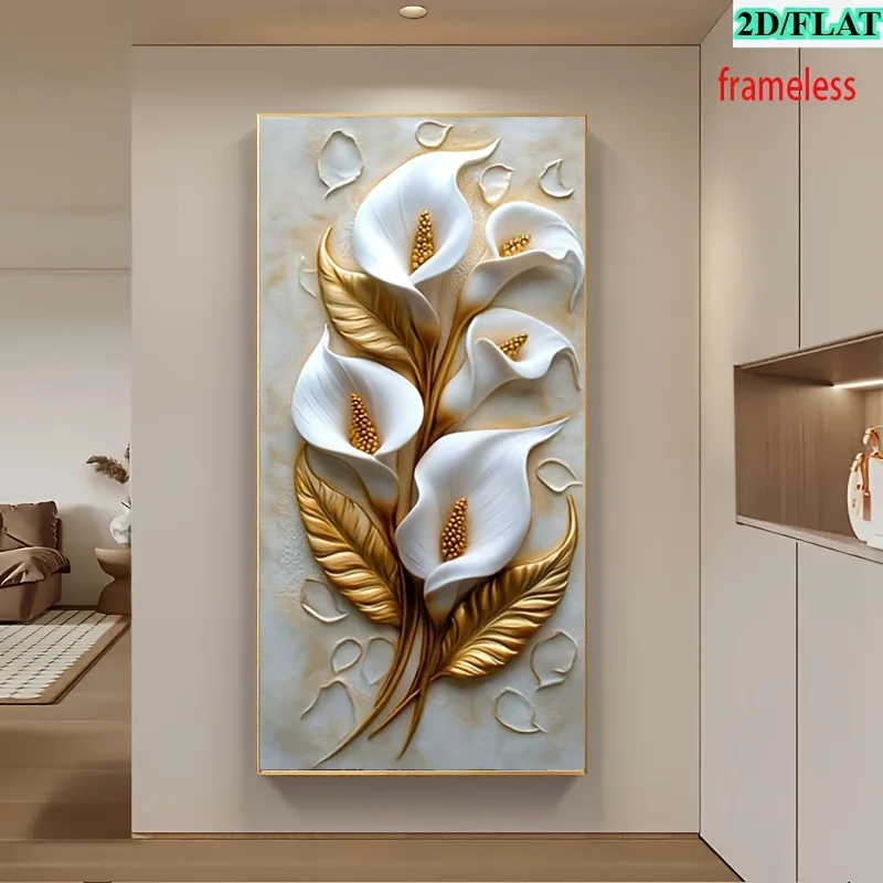 

2D Flat Large Modern White & Golden Luxury Canvas Wall Art Frameless Abstract Flowers Canvas Prints for Living Room Decortions