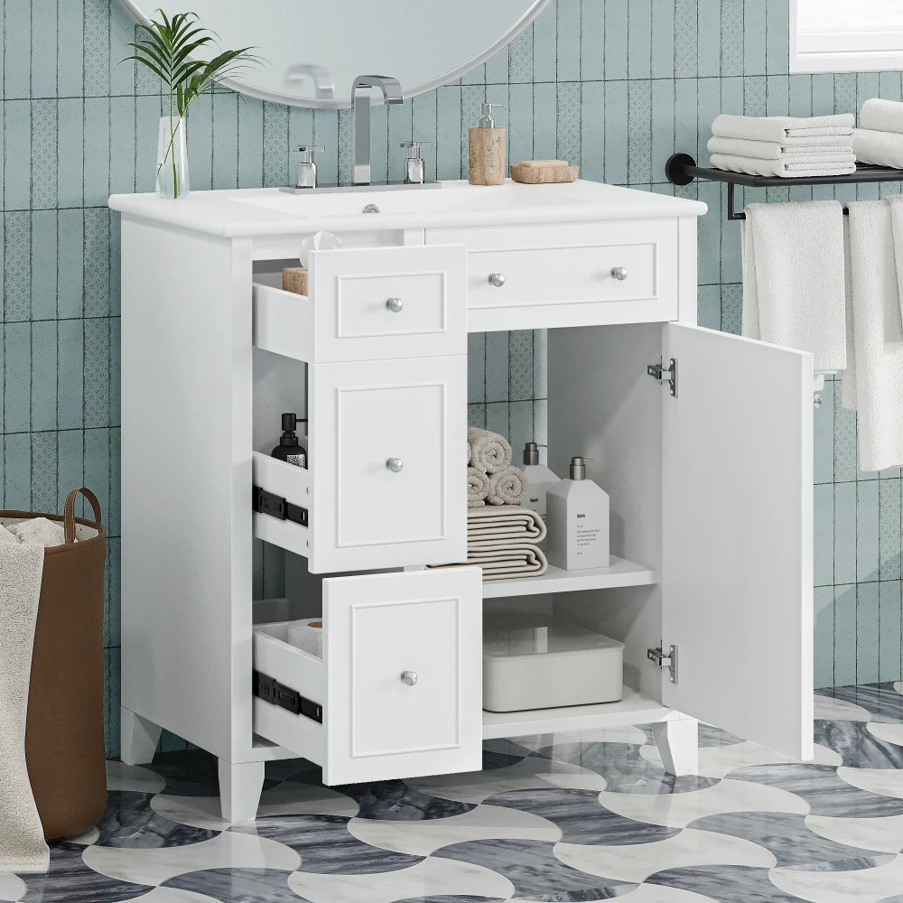 30-Inch Bathroom Vanity Cabinet with Ceramic Basin, Double-Layer Drawer, Deep Drawer and Adjustable Shelf