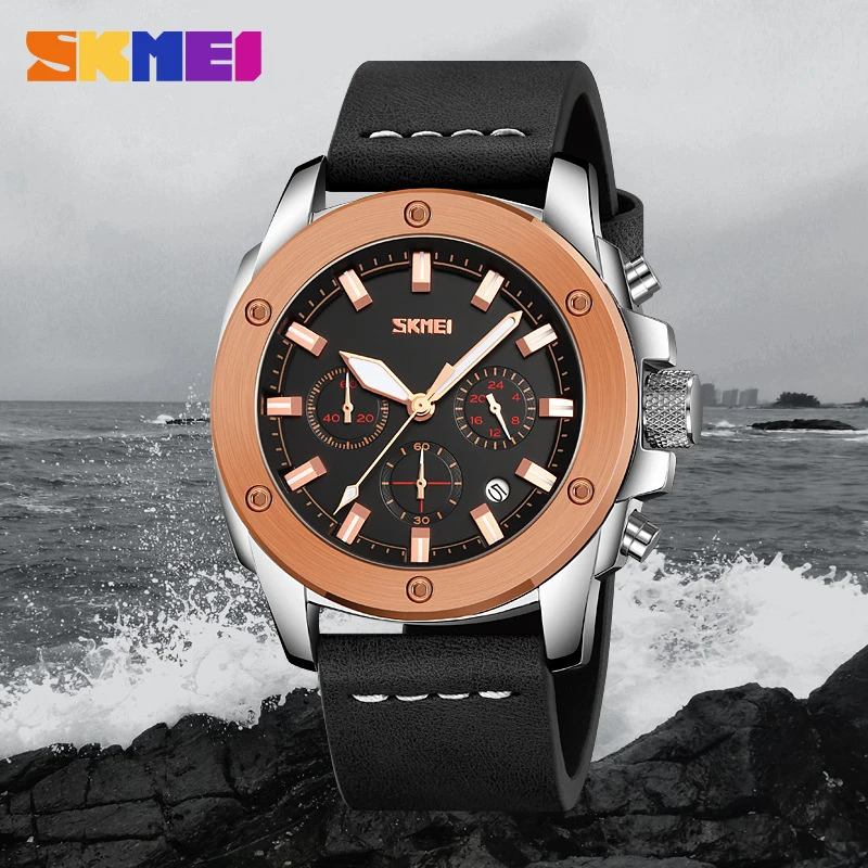 SKEMI Fashion Men's Multifunctional Three-Eye Six-Hand Watch, Business Casual Waterproof Luminous Watch