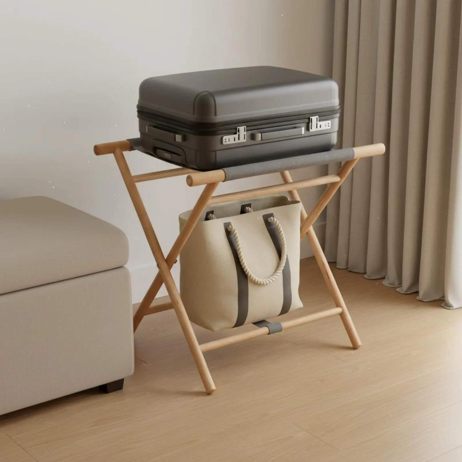

Hotel Luggage Stand Heavy Duty Folding Luggage Rack Wooden Suitcase Rack X-Shaped Structure Suitcase Holder Stand for Guesthouse