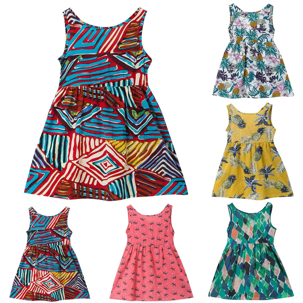 Colorful Dress Girls Summer Sleeveless Floral Printed Casual Outfit Kids Fashion Cute Bow Skirt Party Wear Summer Stylish T1