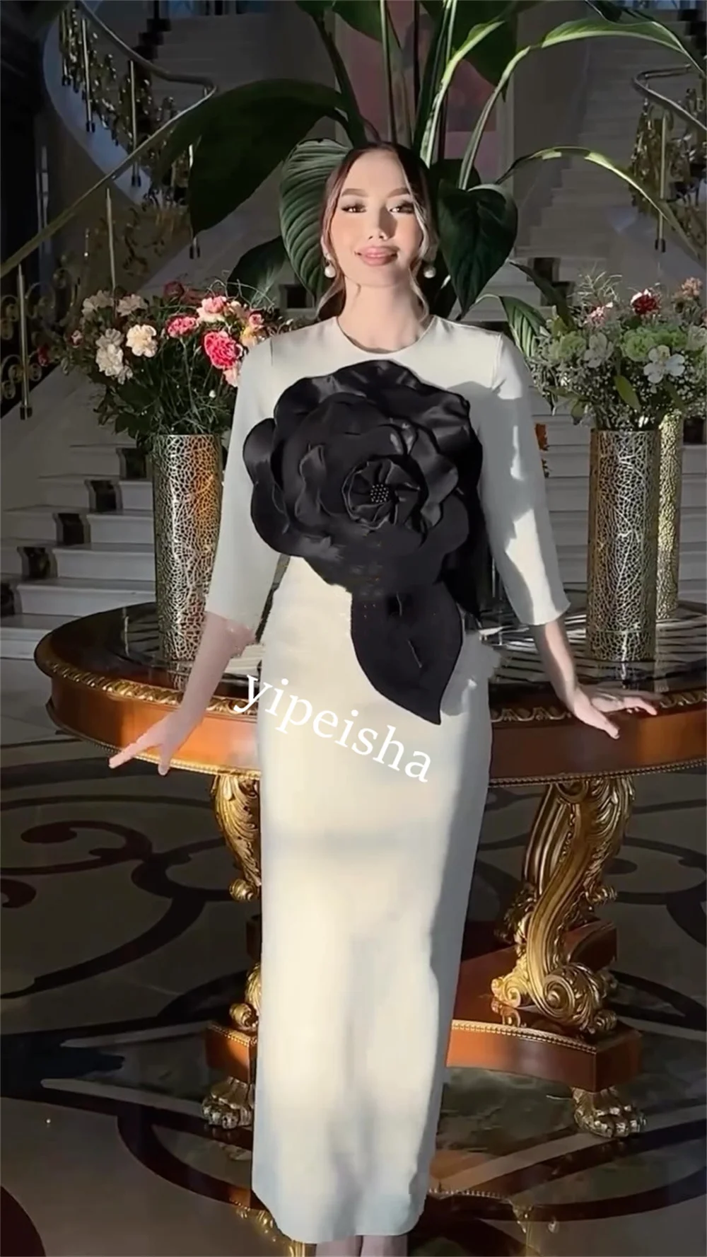 Maßgeschneiderte funkelnde, exquisite, hochwertige Jersey-Blumen-Abschlusssäule mit O-Ausschnitt, maßgeschneidertes Anlasskleid, Midi-Kleider