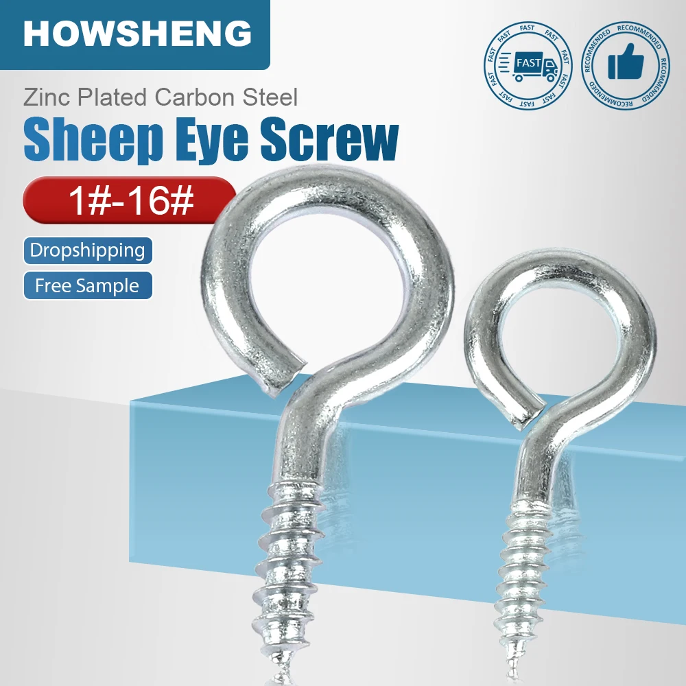 HOWSHENG 5-50pcs Sheep Eye Hook Screw Eye Screw Nail 1# 2# 3# 4# 5# 6# 8# 10# 16# Zinc Plated Self-tapping Hook Screw for DIY