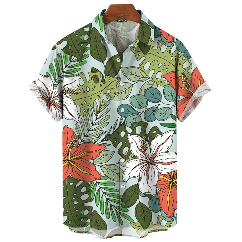 

Tropic Leaf Print Shirts Men Fashion Hawaiian Shirt Casual Vocation Beach Blouse Aloha Lapel Shirt Cuba Blouses Men's Clothing