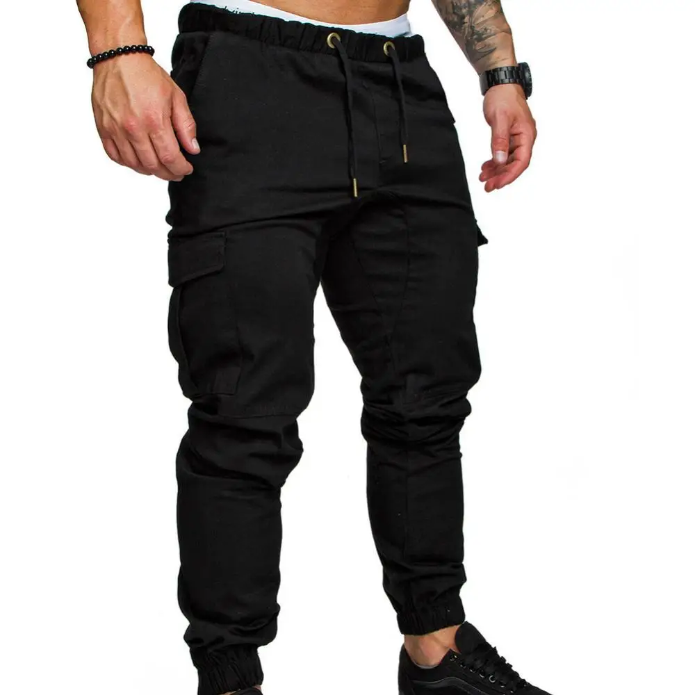 Men Skinny Cargo Pants Solid Color Pockets Drawstring Ankle Tied Sports Running Pants Gym Fittness Training Pants Men\'s Clothing