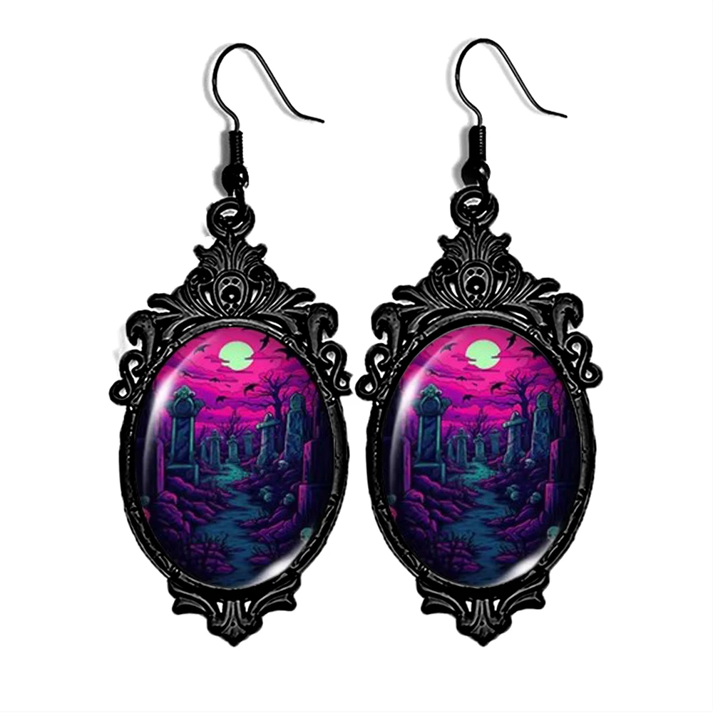 New Halloween Grave Yard Drop Earring for Women Punk Black Color Earrings Oval Glass Jewelry Gifts for Party