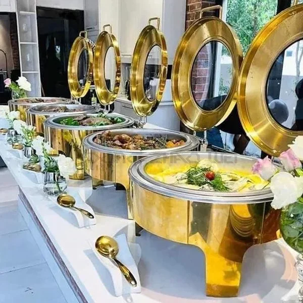 Golden Wedding Chafing Dish Counter top Buffet Set 8.0L Stainless Steel Round Hydraulic Chafing Dishes