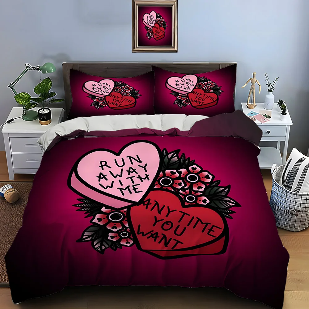 Love Heart Bettwäsche-Set, 3D-Druck, 23-teiliges Set (kein Kern), geeignet für Schlafzimmer, Bettbezug-Set, Geschenk, Jahrestag, Dekoration für Paare