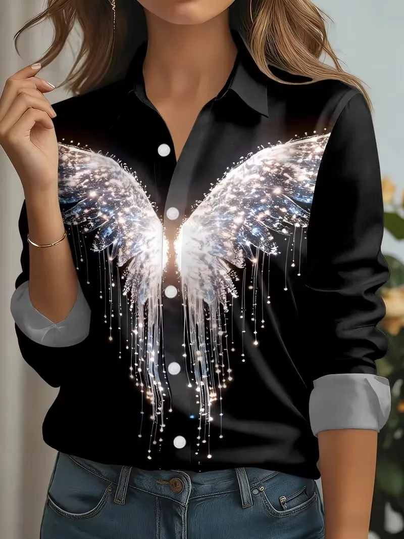 Spring Fashion Women Lapel Shirts Casual 3D Print Long Sleeve Buttons Tops Elegant Work Ladies Blouse Shirt For Everyday Wear