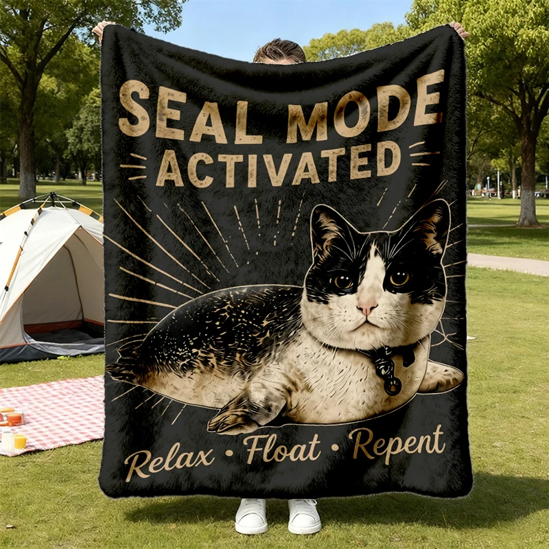 Seal Mode Activated Cat Seal Graphic Flannel Blanket, Vintage Stone Wash Relaxed Fit Flannel Throw