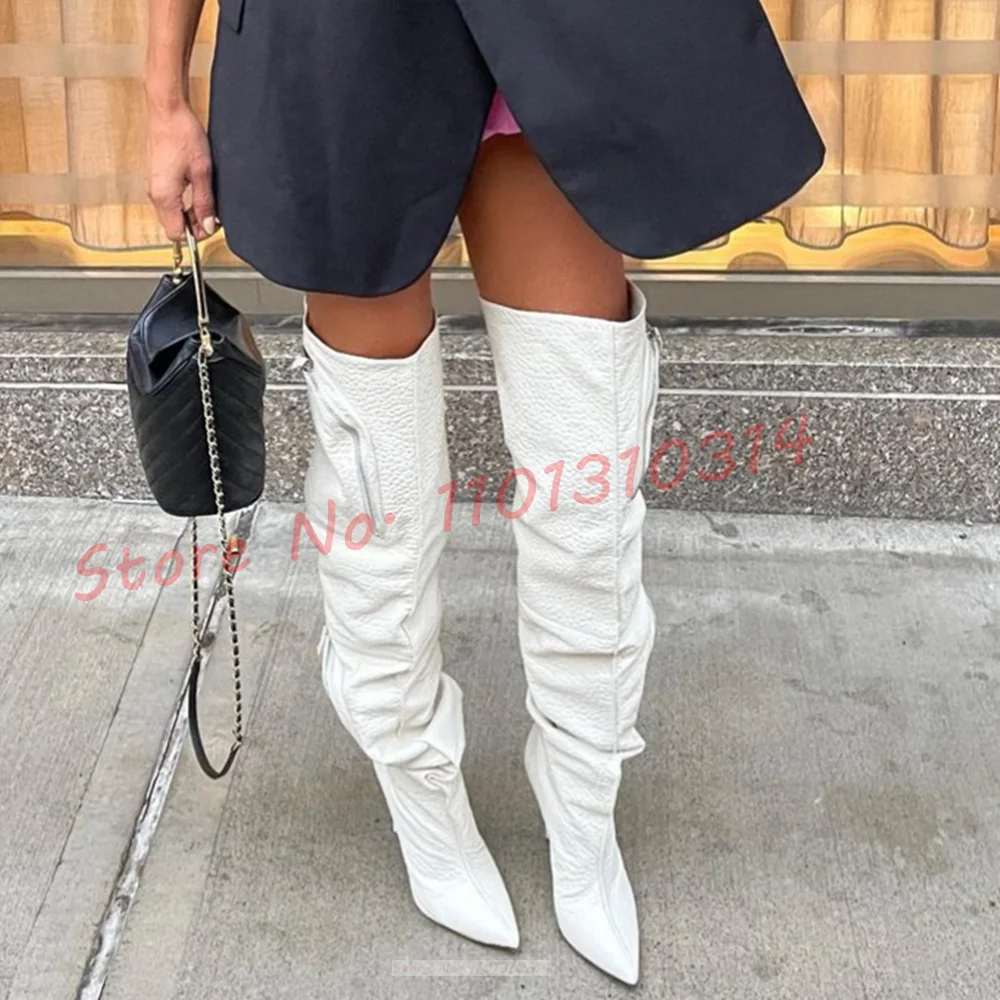 Zipped Pocket White Long Boots Women Streetwear Pointy High Heels Leather Shoes Winter Trends New In Design Over Knee High Boots