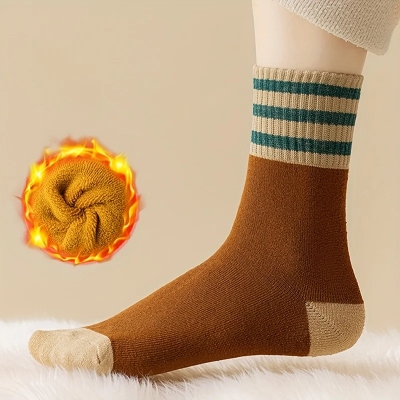 10 Pairs Colorful Striped Warm Looped Mid Tube Socks, Thick Floor Socks, Plush and Comfortable, Trendy and Versatile Long Socks