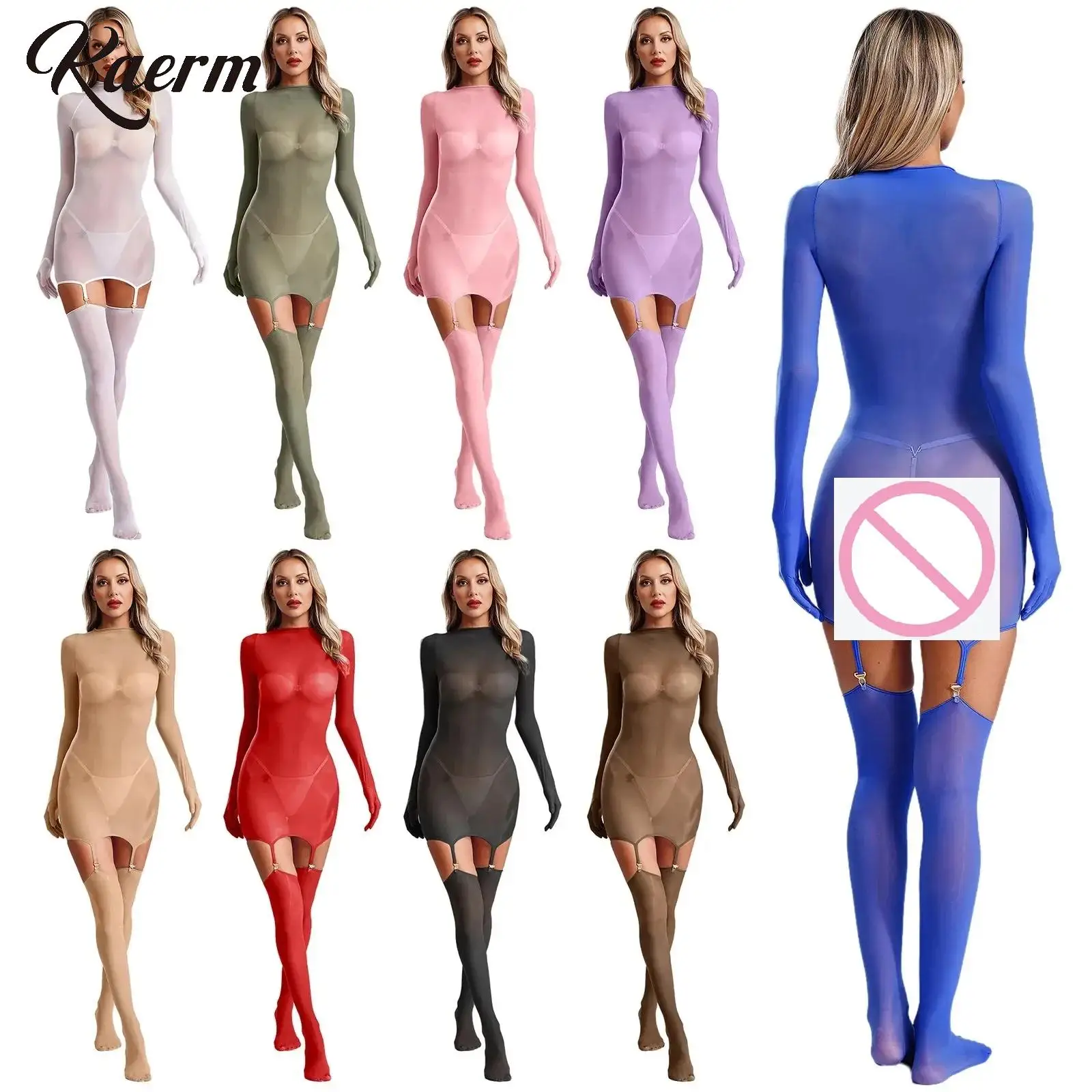 

5PCS Women See Through Erotic Lingerie Costume Long Sleeve Glossy Elastic Ultra-transparent Mini Skirt Jumpsuit Stockings Sets