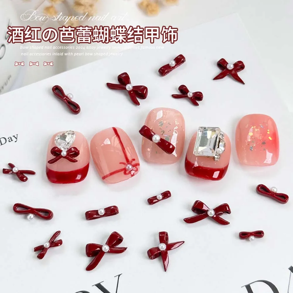 Nail Art Charms avec perles pour décorations d'ongles bricolage, alliage 3D, aucun vin rouge, chaussures de ballet d'automne et d'hiver, nœud du Nouvel An, 10 pièces