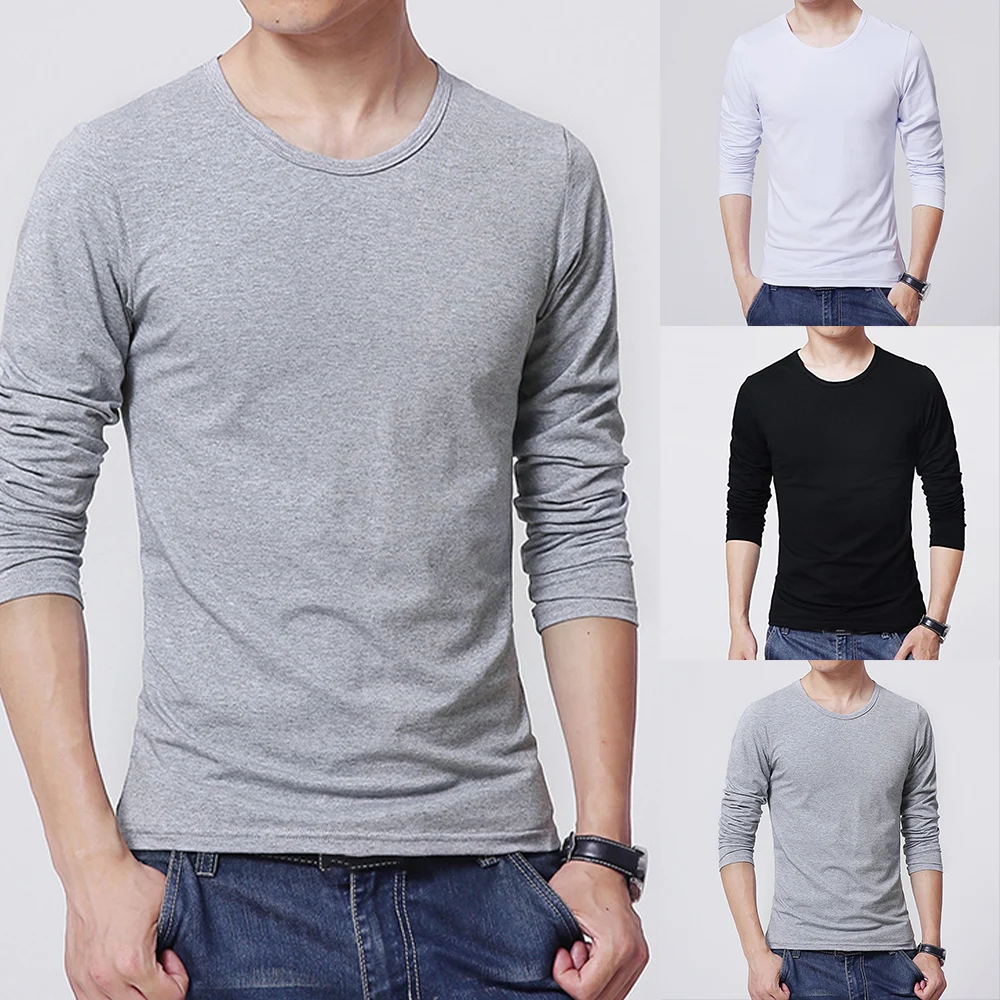 Mens Basic Breathable Solid Color O Neck Long Sleeve T-Shirts Casual Slim Fit Tees Male Clothing Tops T Shirt