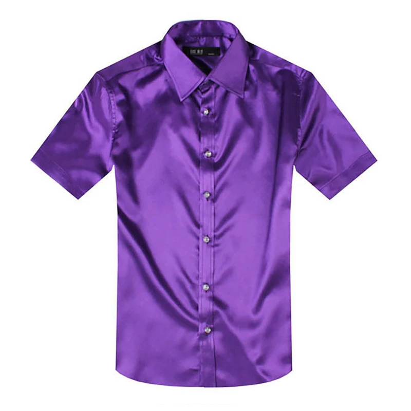 

Silk Satin Mens Dress Shirt Shiny Smooth Comfortable Short Sleeve Silk Like Shirts Casual Slim Fit Stage Performance Dance