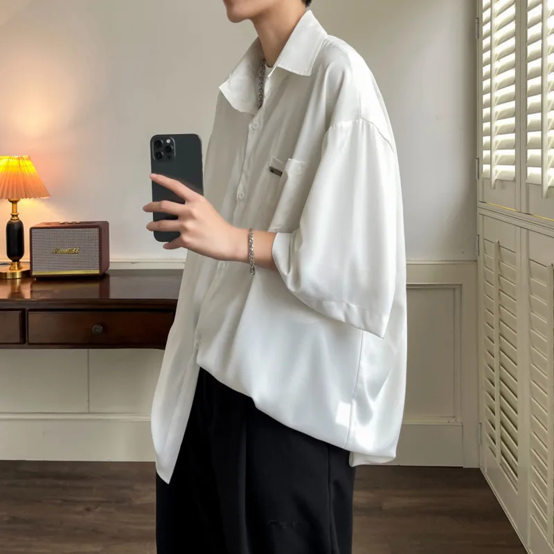 Summer Short Sleeved Shirt Men Society Mens Formal Dress Shirt Korean Loose Ice Silk Shirt Mens White Casual Shirts Large Size