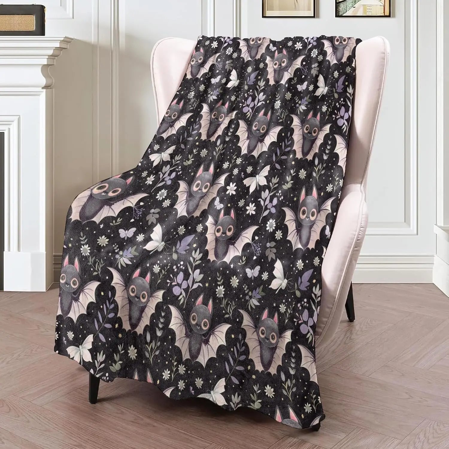 Blanket Yarn Chunky Blankets Cute Bat Blanket 50×60 Inch, Kawaii Halloween Lightweight Flannel Throw with Cartoon Bats, Stars