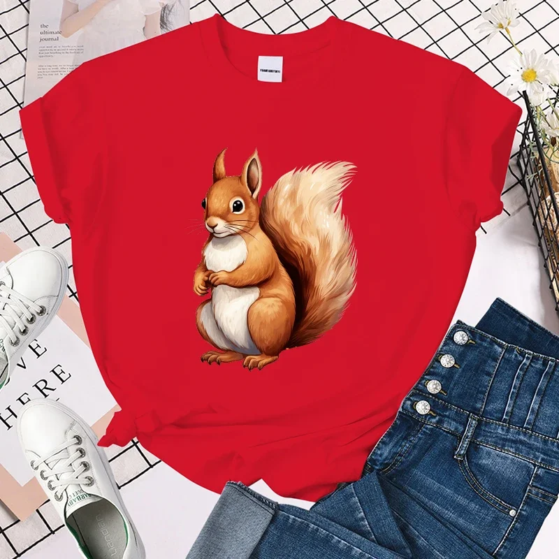 (Premium T-shirt)Fall Squirrel T-Shirts Women Short Sleeve Funny Round Neck Tee Shirt Casual Summer Tops