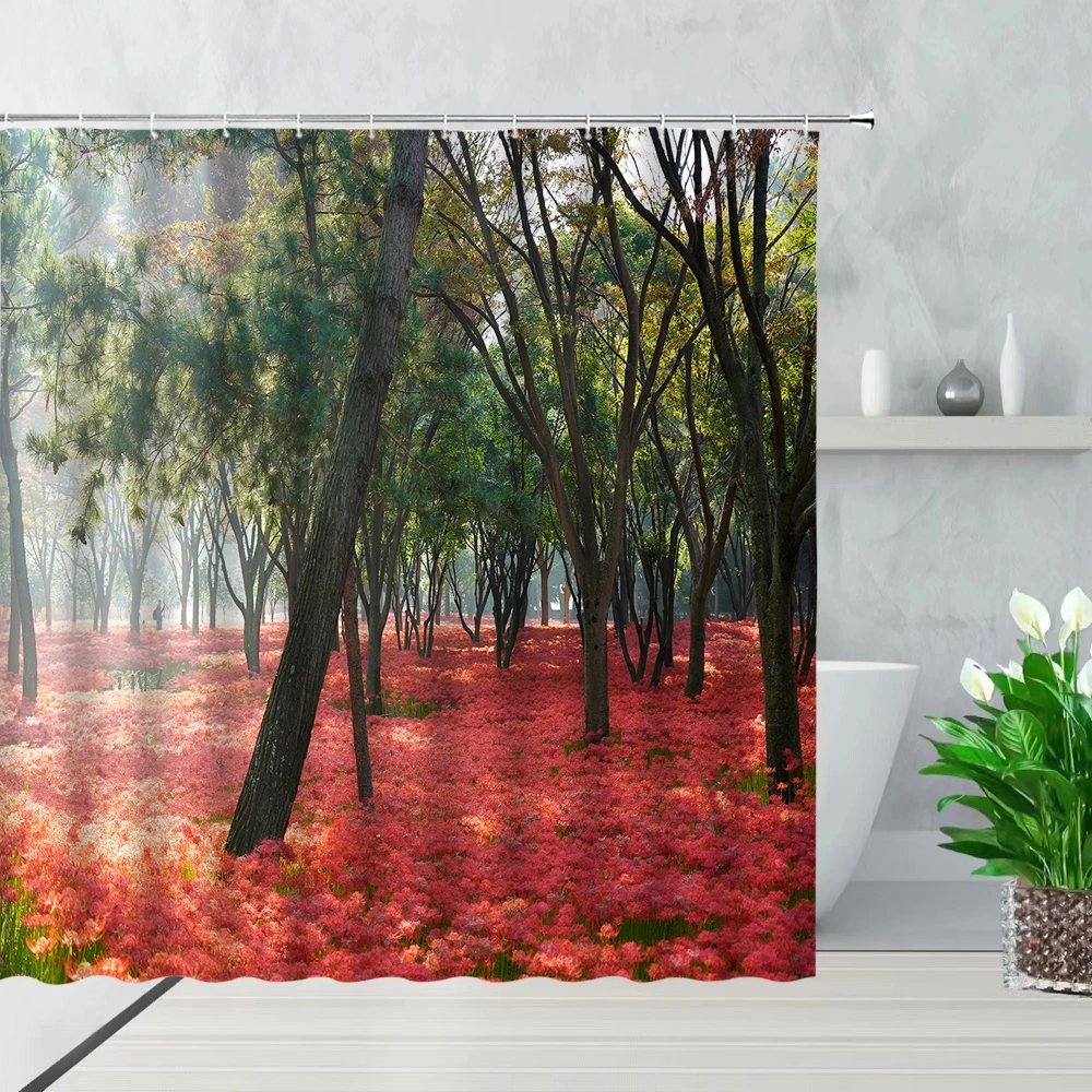 

Forest Tree Natural Scenery Shower Curtains Green Tree Floral Plant Landscape Pattern Curtains Summer with Bathroom home Decor