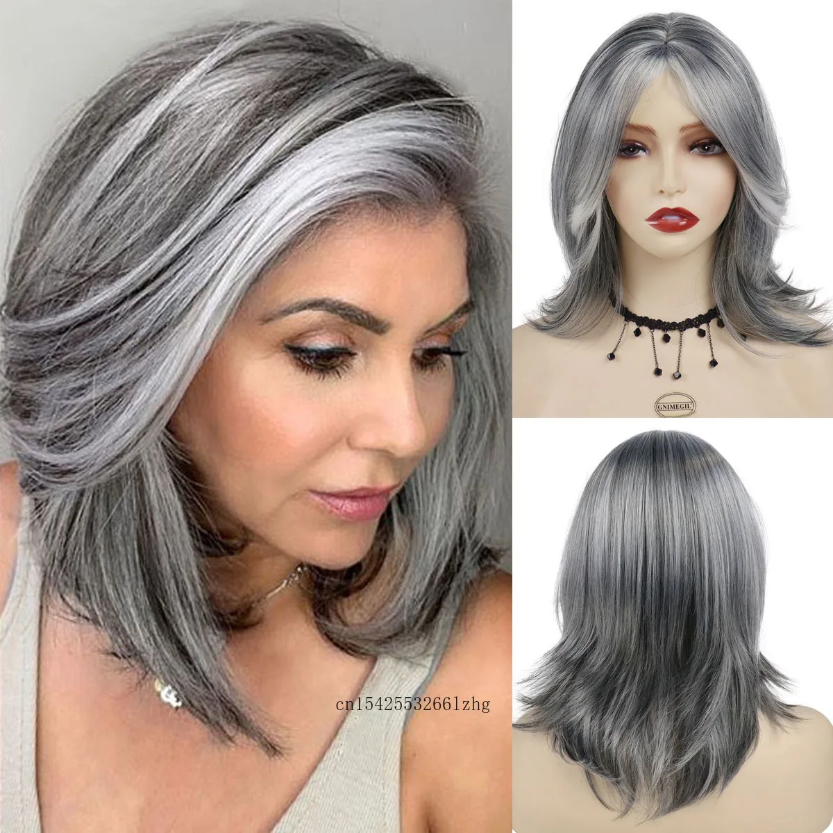 GNIMEGIL Synthetic Mix Grey Hair Wigs for Women Older Ladies Daily Cosplay Party Natural Soft Fluffy Heat Resistant Mommy Wig