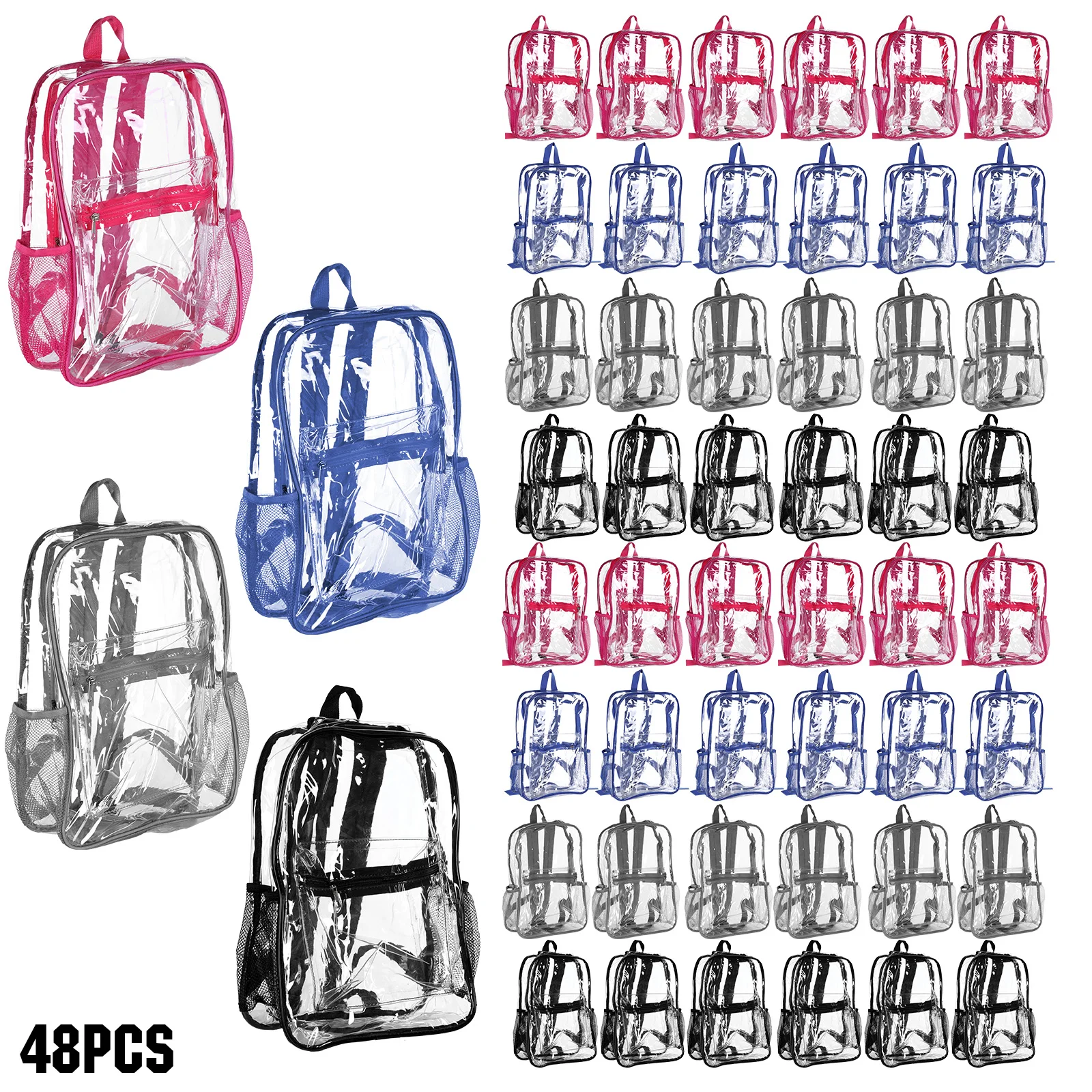 

48/72 Pack PVC Clear Backpack Bulk Heavy Duty See 15 Inch Through Bags for College Travel Sport Work Stadium Approved
