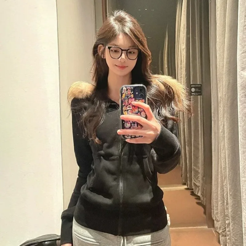Harajuku Women's Hoodie Sweatshirts Sexy Slim Removable Fur Collar Cardigan Streetwear New American Female Solid Sudaderas Y2K