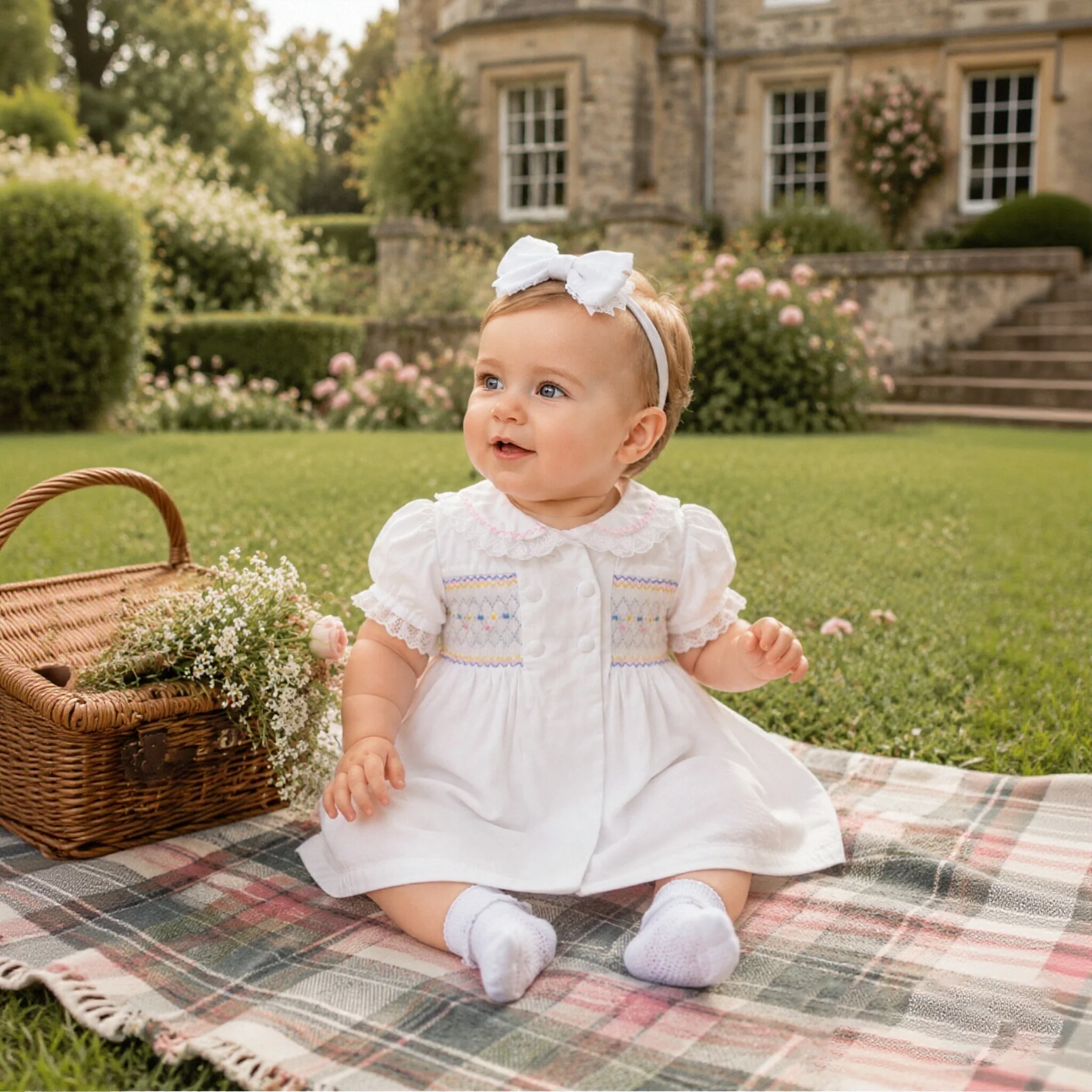 Handgefertigtes, smokiertes Babykleid im spanischen Vintage-Stil, Boutique-Kleid für Kleinkinder, weißes Taufkleid mit Peter-Pan-Kragen und Schleife, Bloomer-Set – Detail 3