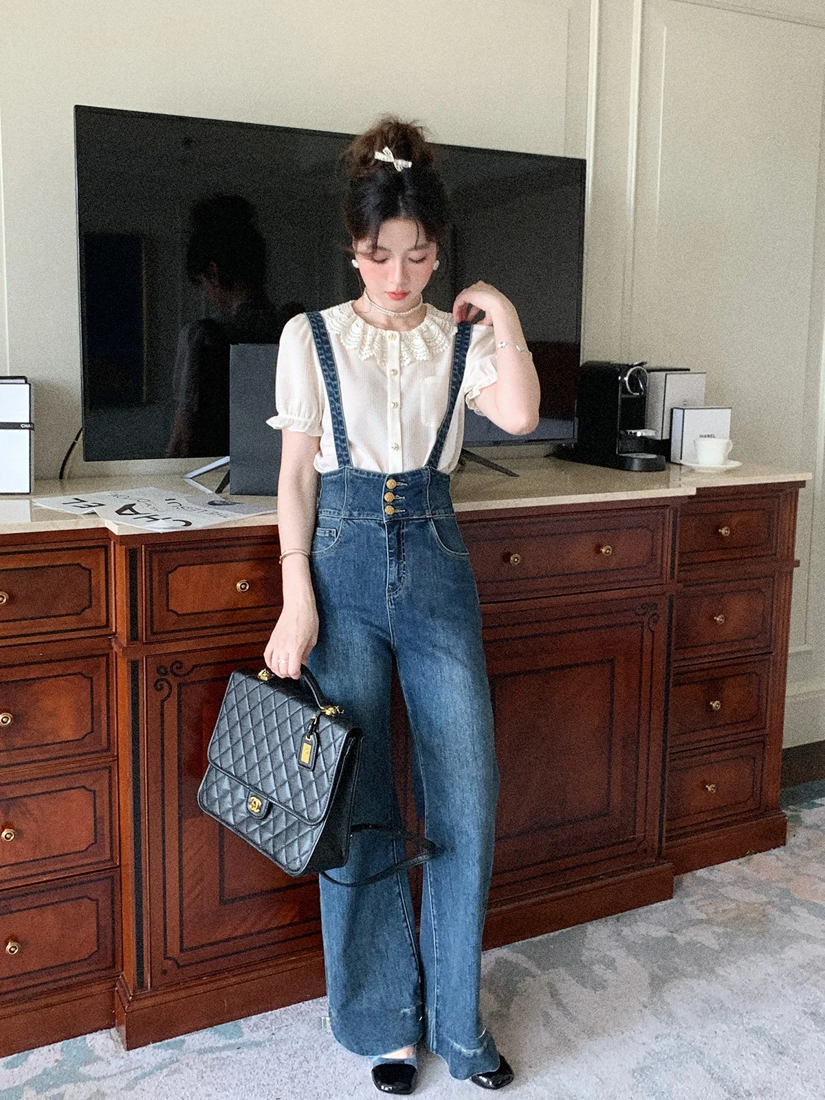 

Blue High Waist Straight Leg Overalls Jeans Women's Summer Elastic Pants Retro Style Ladies Premium Denim High Waist Overalls