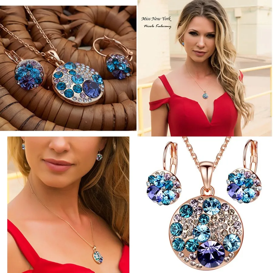 

Ocean Bubble Women's Crystal Jewelry Set Costume Fashion Pendant Necklace Earring, Silver Tone or 18K Rose Gold Plated, 18 + 2,