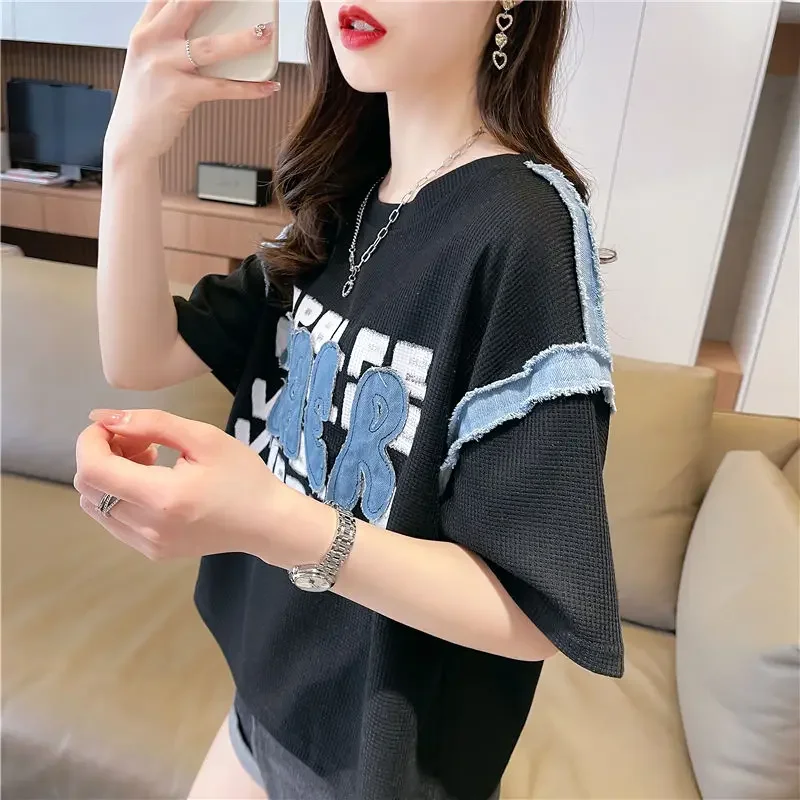 DAYIFUN New Waffle Short Sleeve T-shirt Women Summer Letter Printed O Neck Tees Casual Large Size Denim Panel Design Sense Tops