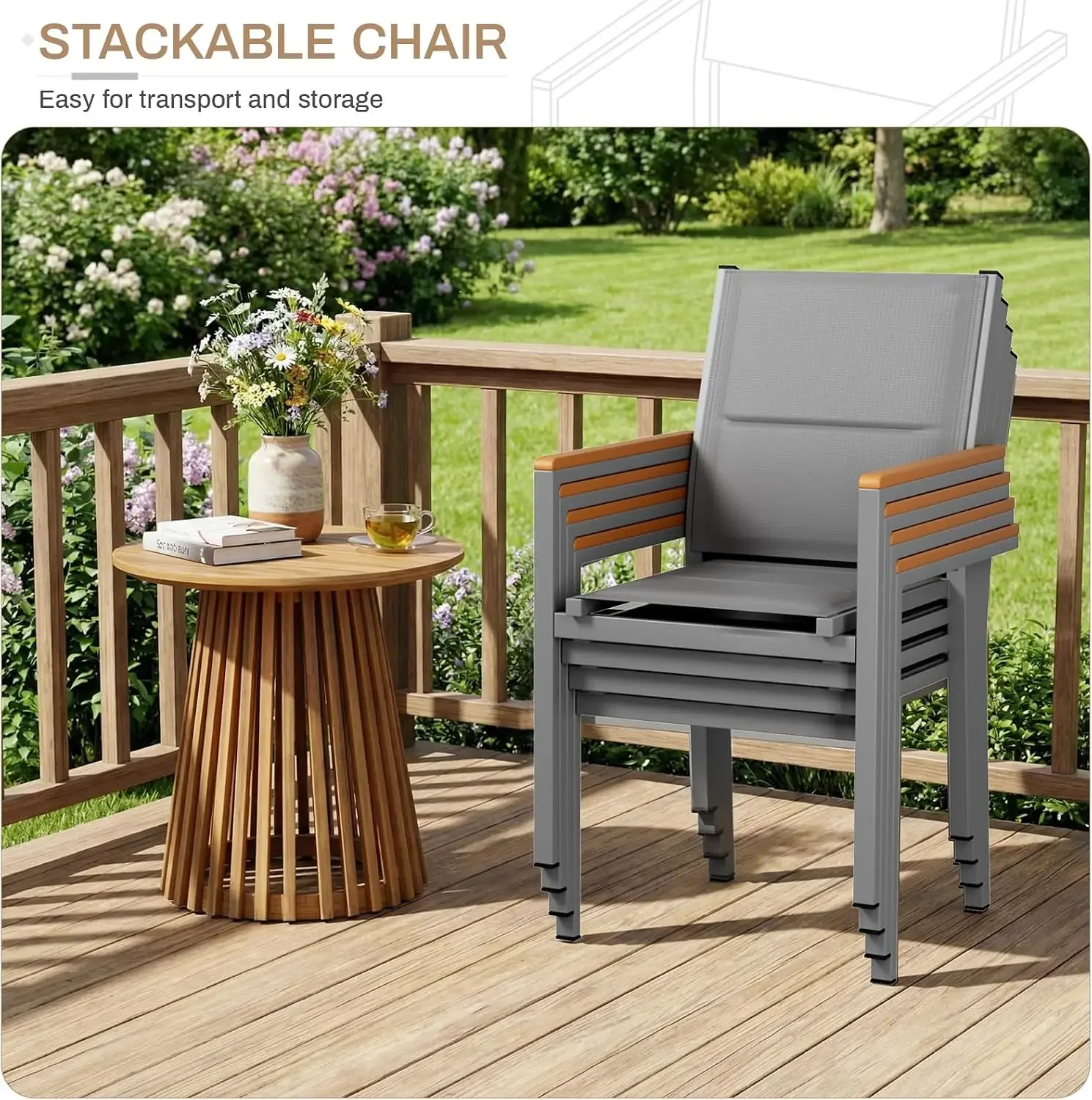 Set of 6 Stackable Patio Chairs, Aluminum Dining Chairs | Breathable Padded Textilene Chairs WPC Armrests, 17
