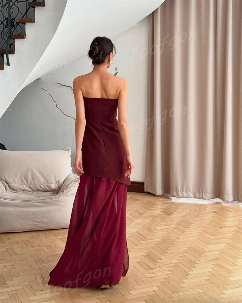 Toofgon Strapless Burgundy A Line Prom Dresses Satin Chiffon Formal Prom Party Dresses Side Slit Special Occasion Customized