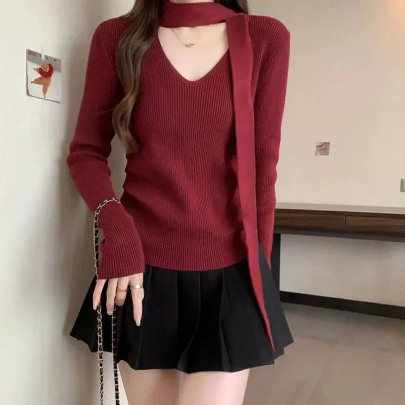 Вязаный свитер с бантом и v-образным вырезом, женский пуловер, осень 2023, новая внутренняя одежда, универсальный темпераментный топ с длинными рукавами