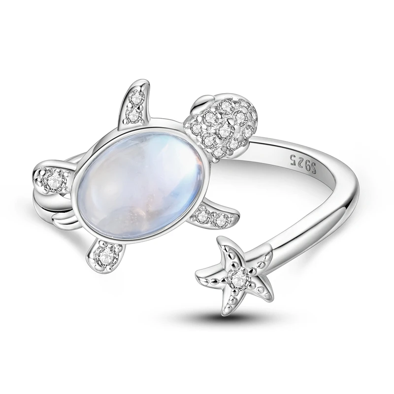 Original 925 Sterling Silver Ring Sparking Sea Turtle Starfish Open Rings For Women Girls Jewelry Birthday Anniversary Gifts