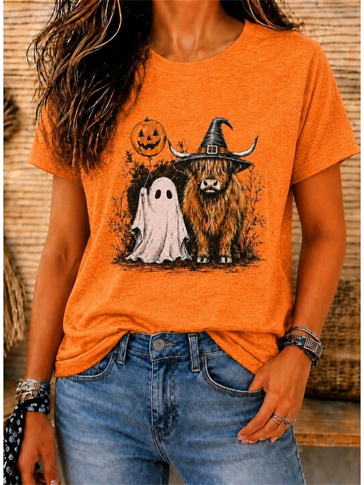Women's New Spring Summer Round-Neck T-Shirt Short-Sleeve Print with Ghost Pumpkin and Highland Cow Design Halloween-Themed Top