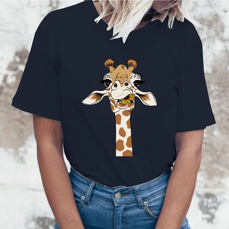 T-shirt imprimé graphique girafe drôle pour femme, haut à manches courtes, t-shirts personnalisés, col rond, streetwear décontracté, mode estivale