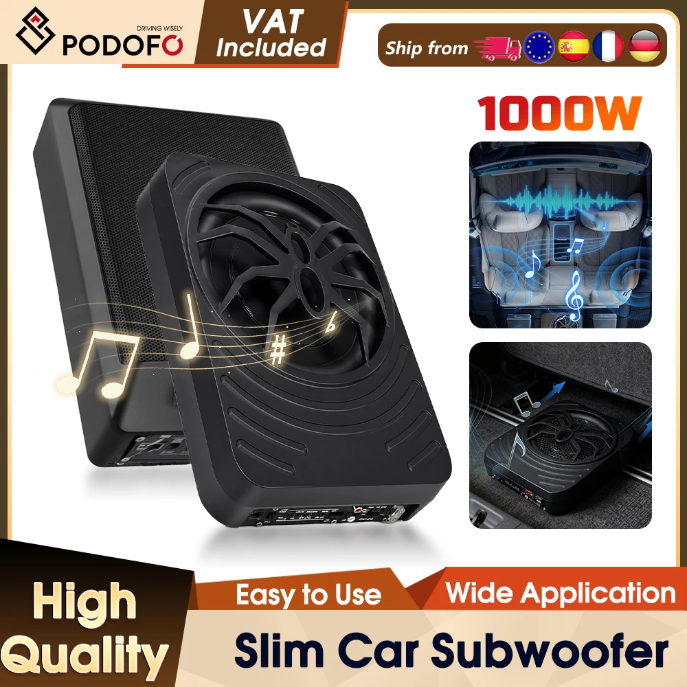 Podofo 1000W Auto Slim Subwoofer Set mit Verstärker und Audiokabel Aktiver Audio Kompakter Bass-Subwoofer für unter den Sitz
