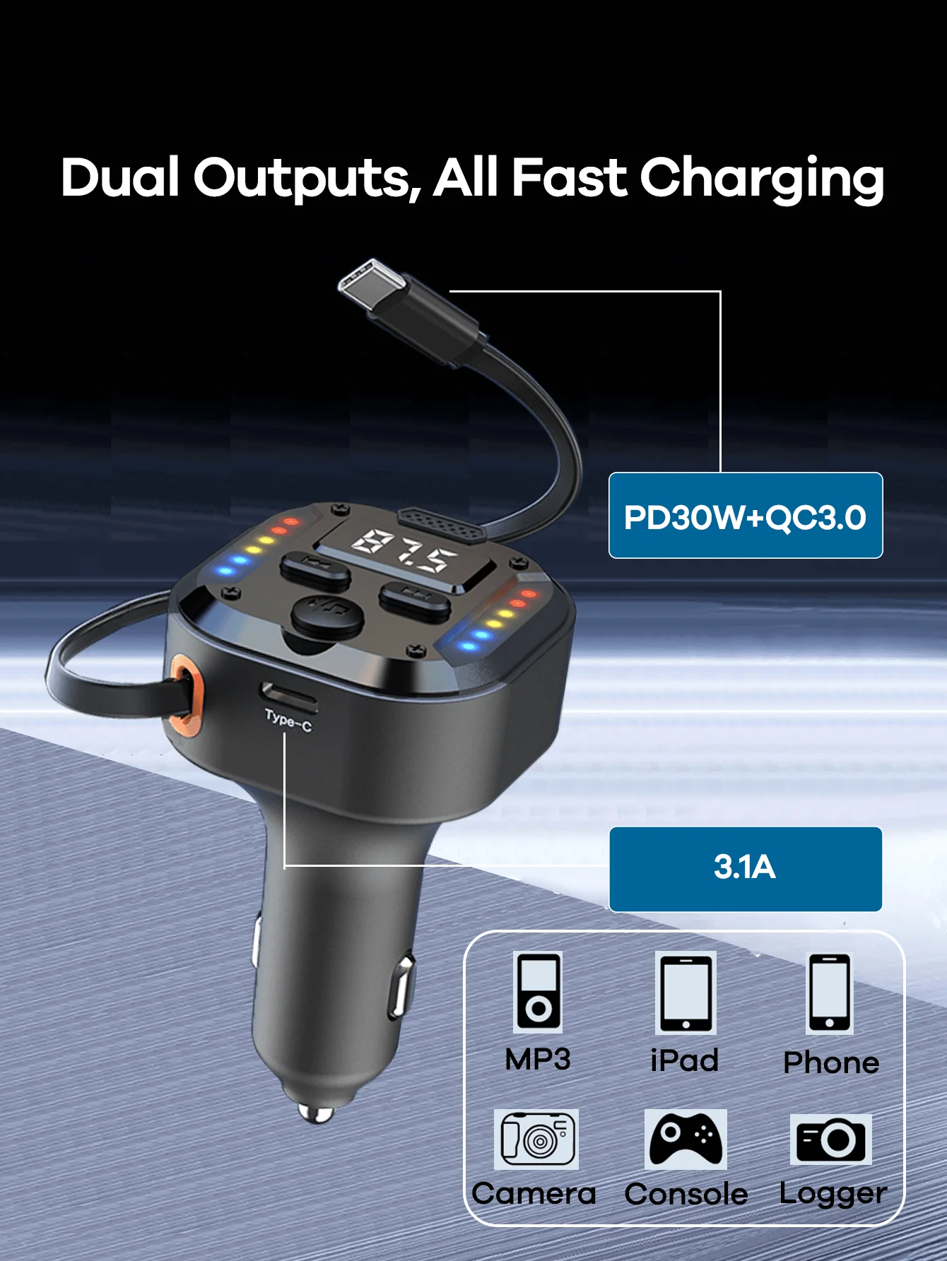 USB C Bluetooth Car Adapter With FM Transmitter PD 30W Fast Charger Handsfree Calling LED Backlit