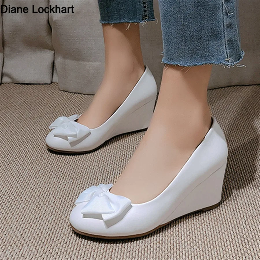 Women Ballet Bow High Heels Wedge Shoes Casual Female Shoes Elegant Ladies Work Boat Shoes Footwear Pink White Beige Size 33-43