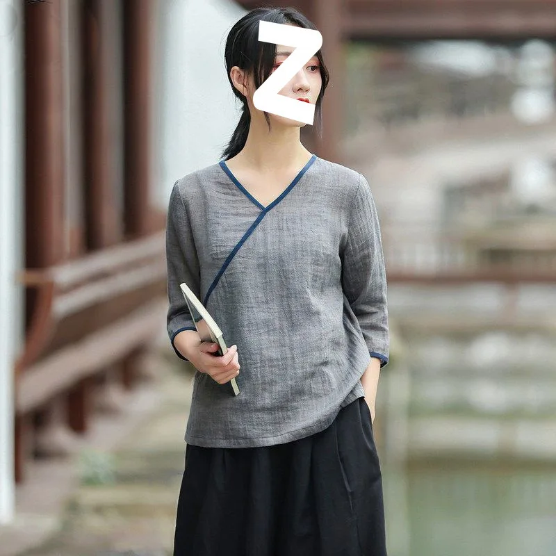 Hanfu تقليد القطن الكتان النمط الصيني جمهورية الصين نمط الملابس النسائية عناصر هان الزي القديم #2