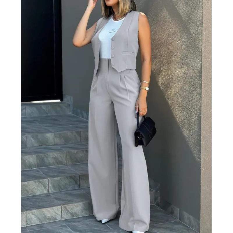 Casual Suits Women's Commute Tracksuit Button Vest & Wide Leg Pants Suit Solid Tracksuit Elegant Ladies Loose Pants 2 Pieces Set