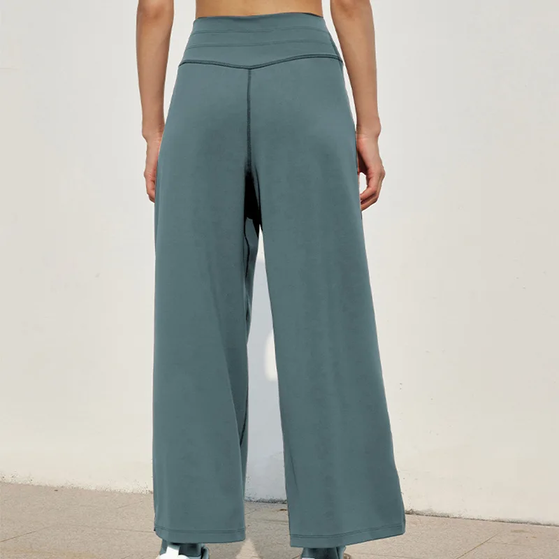 Pantalon de yoga à jambes larges avec sensation de chute, taille haute, jambe droite, pantalon décontracté, poche Wstring de proximité, pantalon en forme de cloche de sport, nouveau